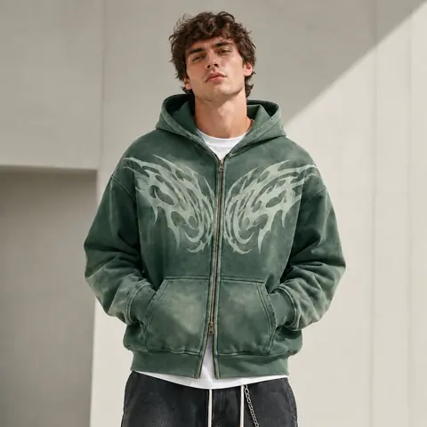 360GSM spray-dyed two-way zip hoodie